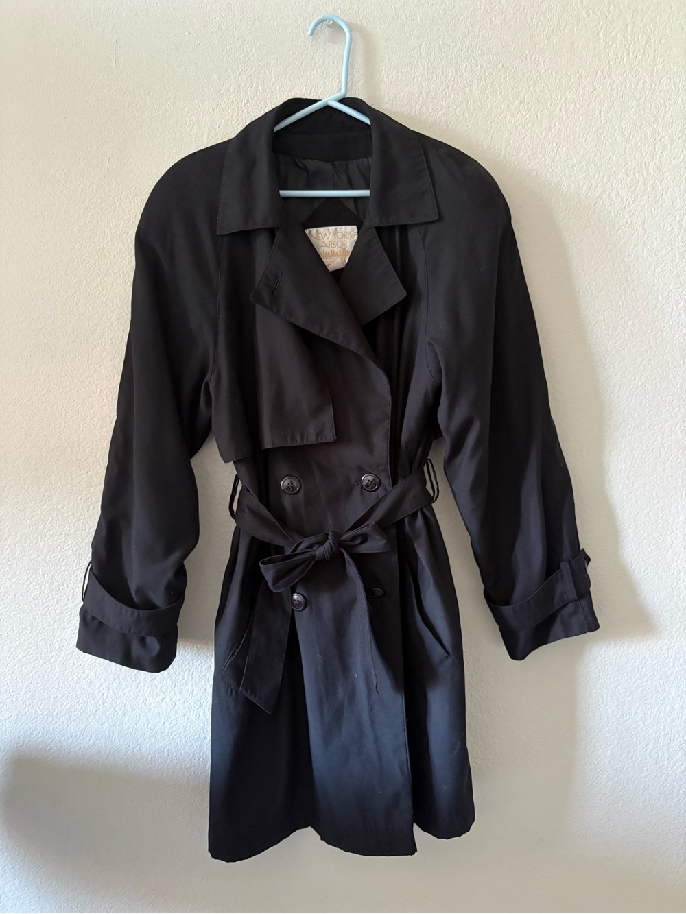 Black Double-Breasted Trench with Self-Tie Waist